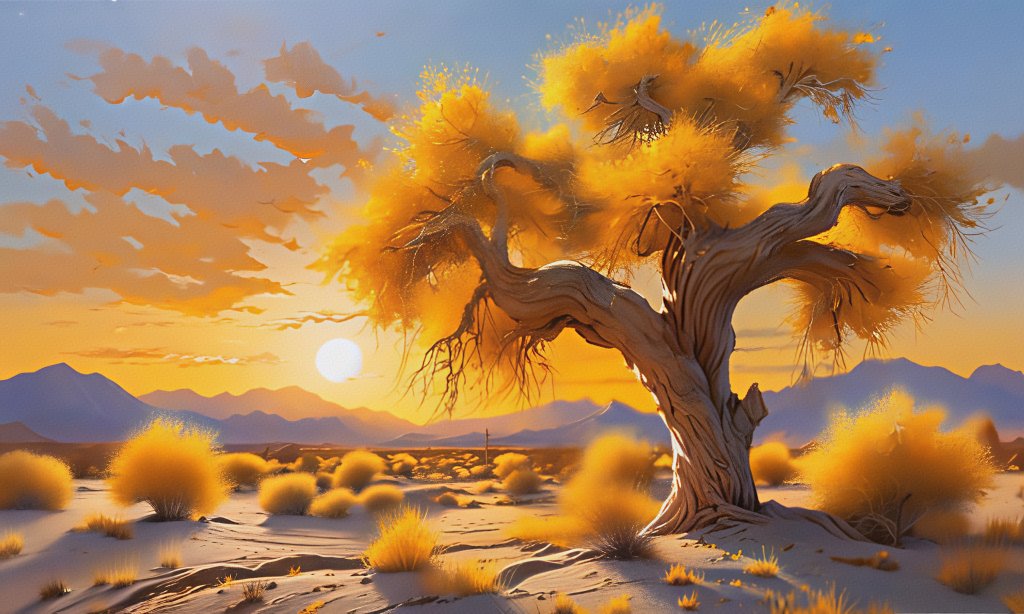 《原创大幅油画胡杨赞》 (作者萧雨) 漠海无垠岁月长, 胡杨屹立对炎凉