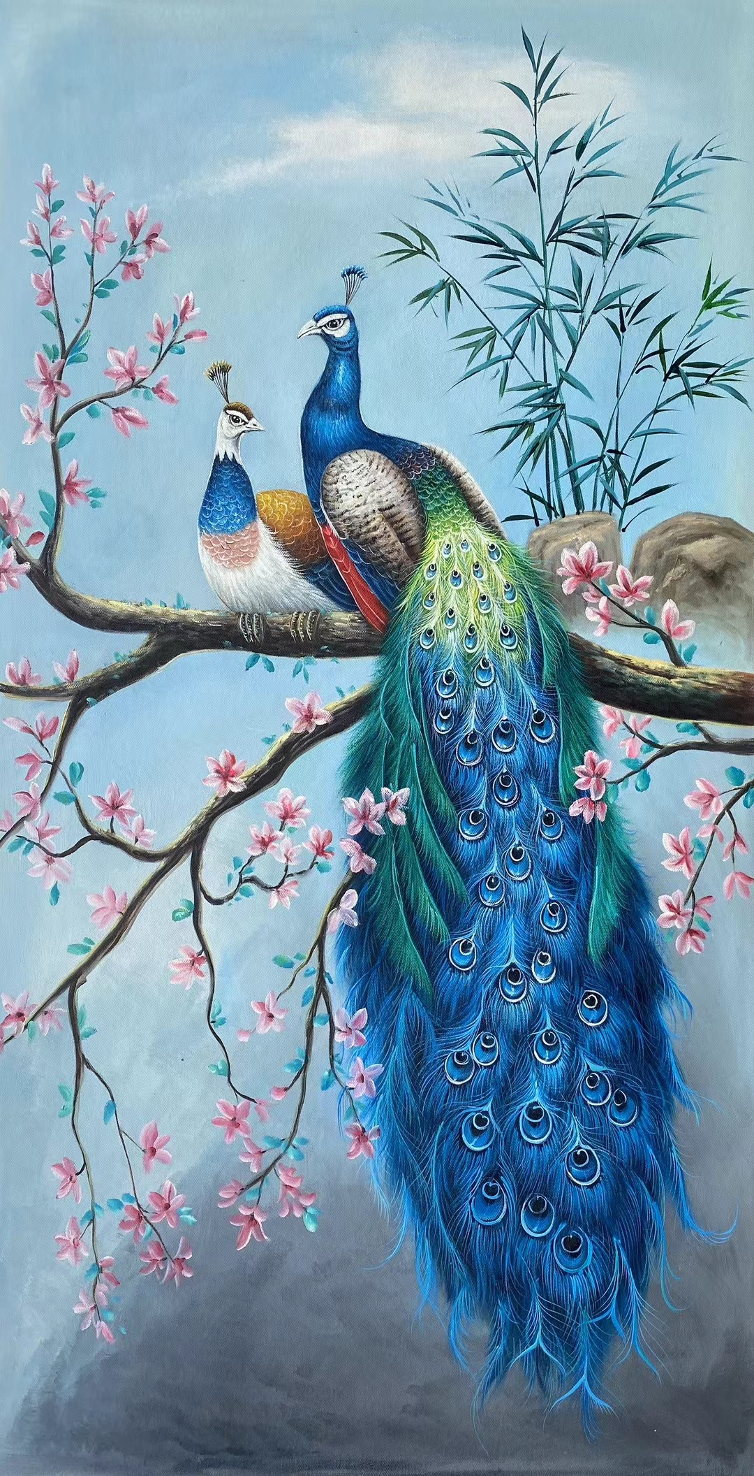 手绘厚彩写实玄关中堂油画《蓝孔雀》,规格120*60