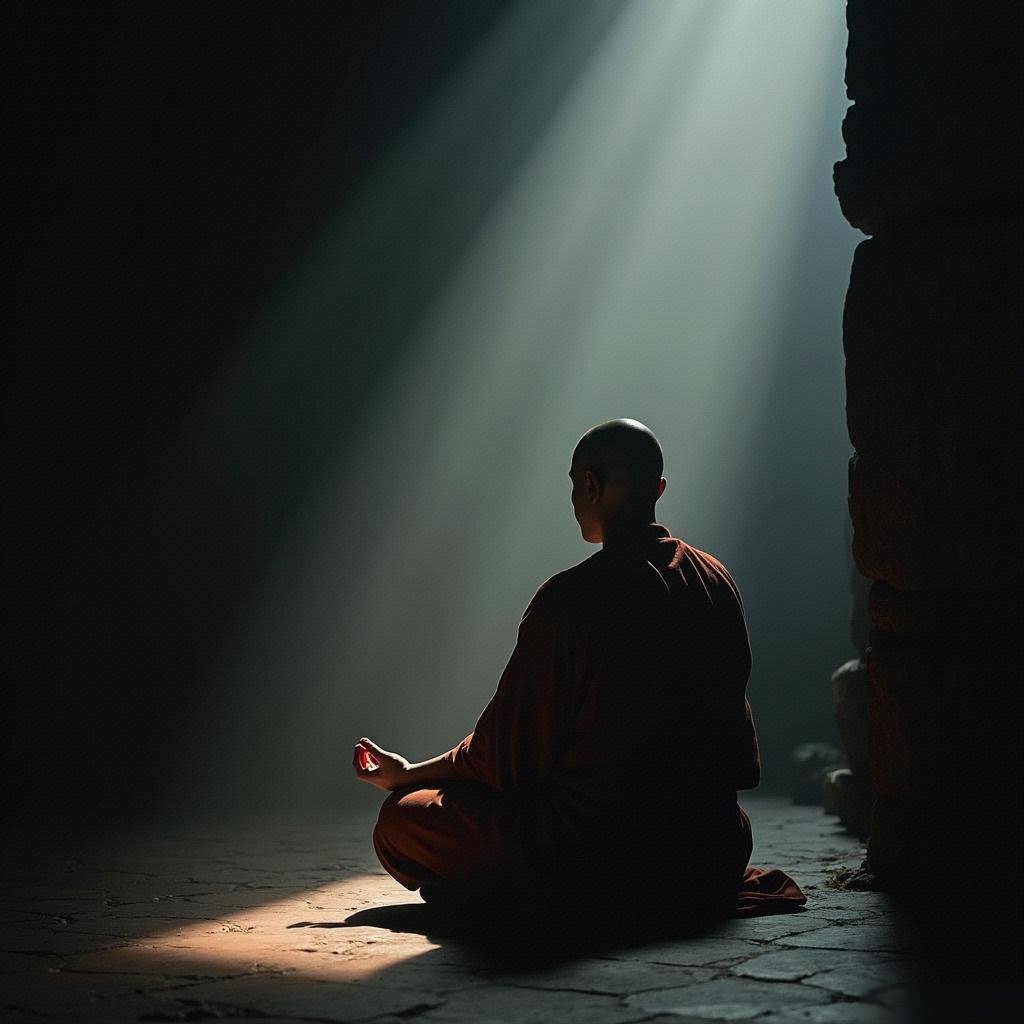 柱影沉沉映心境, 光束如剑破尘冥. 禅意无形却有意, 心空万象自清明