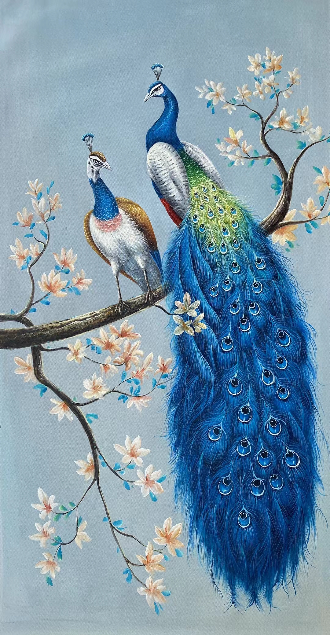 手绘厚彩写实玄关中堂油画《蓝孔雀》,规格120*60