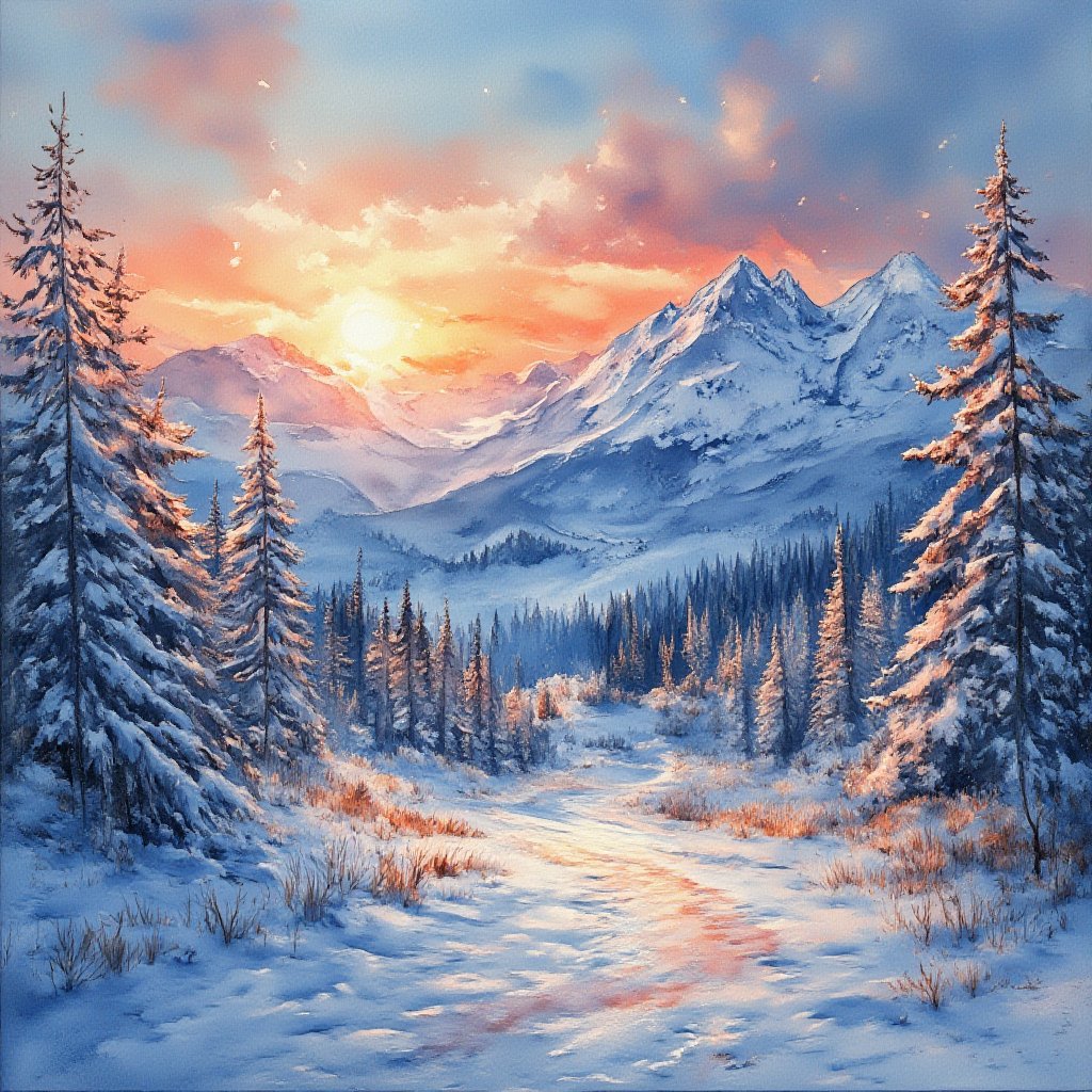 手绘原创厚彩雪景油画