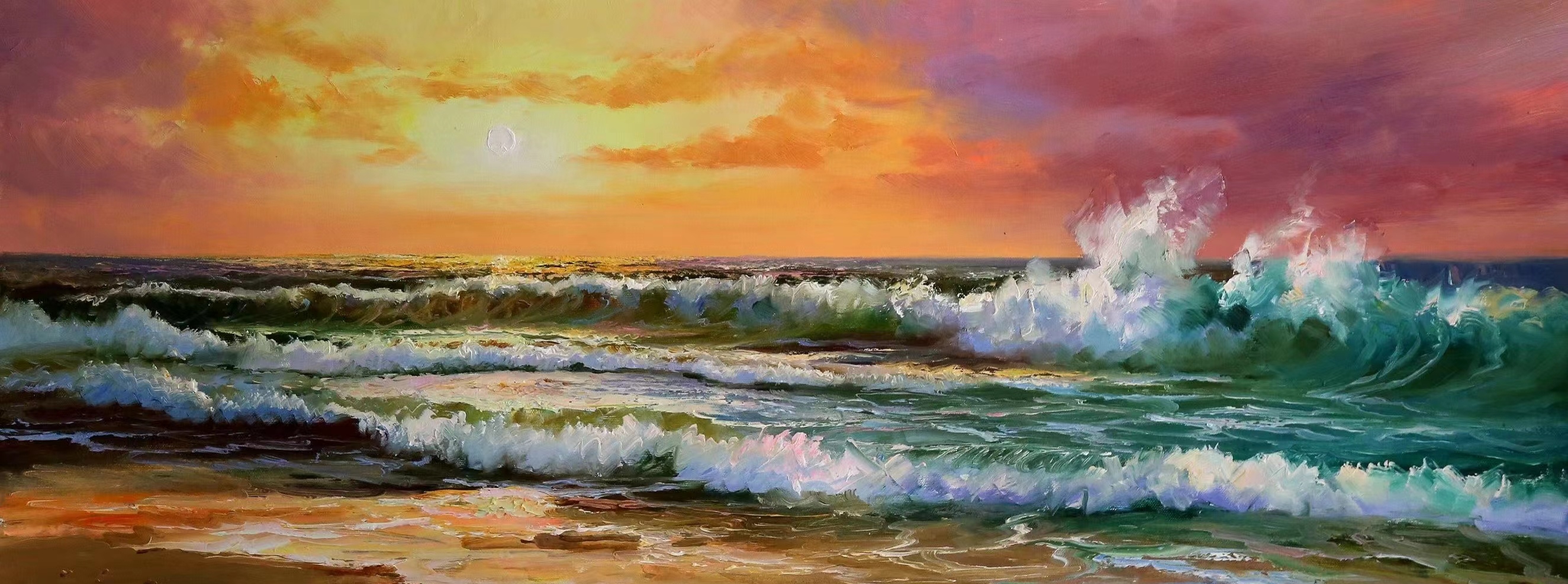 手绘巨幅海景油画,规格300*120cm