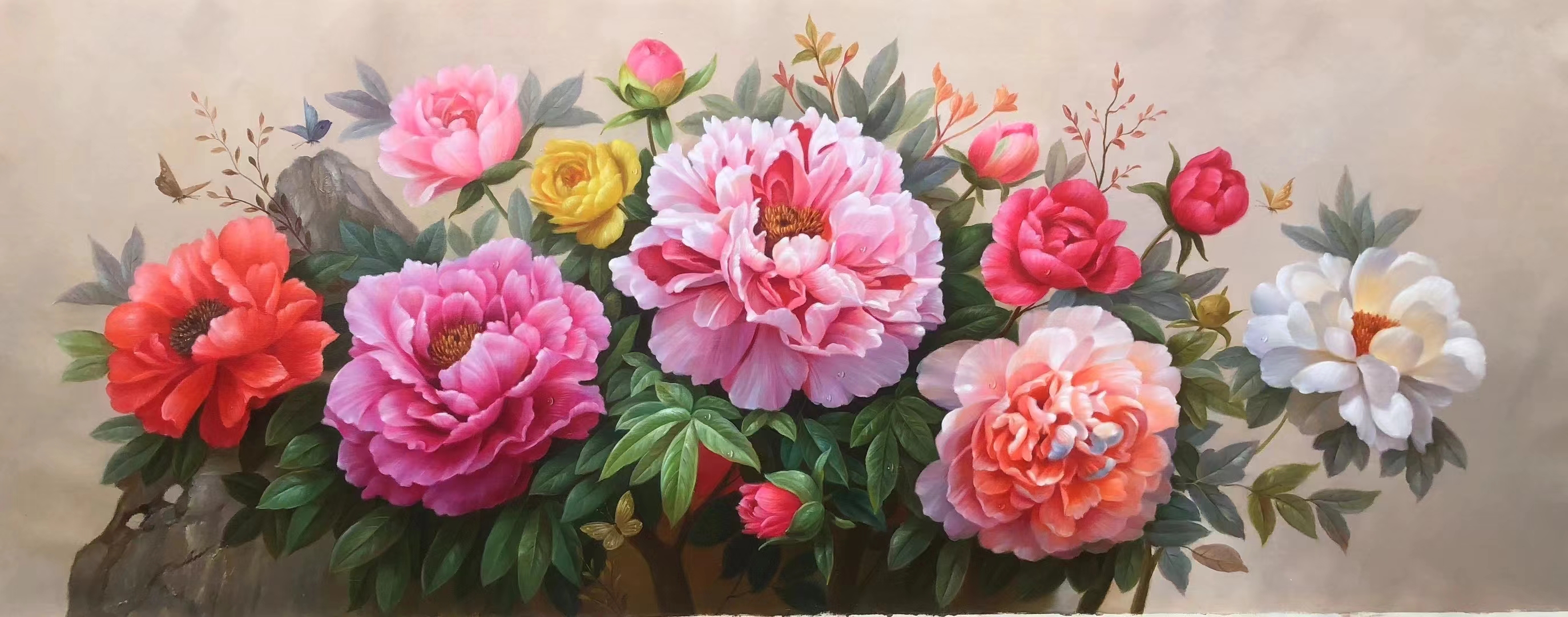 手绘原创大幅厚彩写实牡丹油画,规格180*72cm