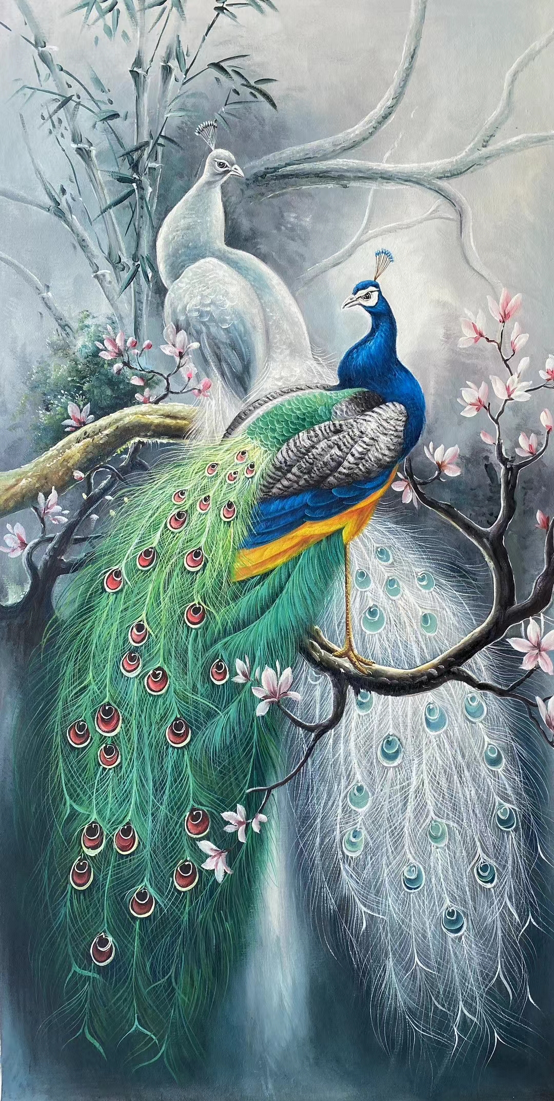 手绘厚彩写实玄关中堂油画《蓝孔雀》,规格120*60