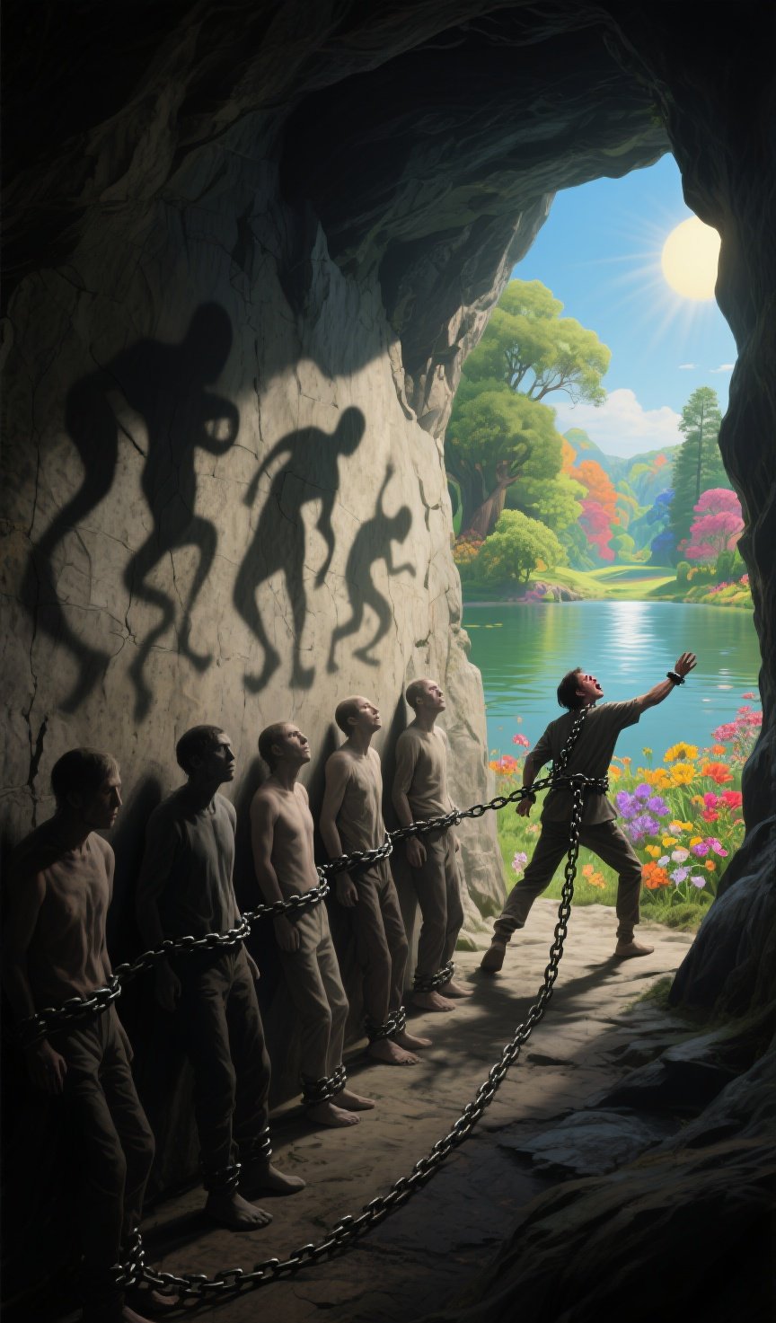 在柏拉图《理想国》的哲学图景里,一群囚徒从