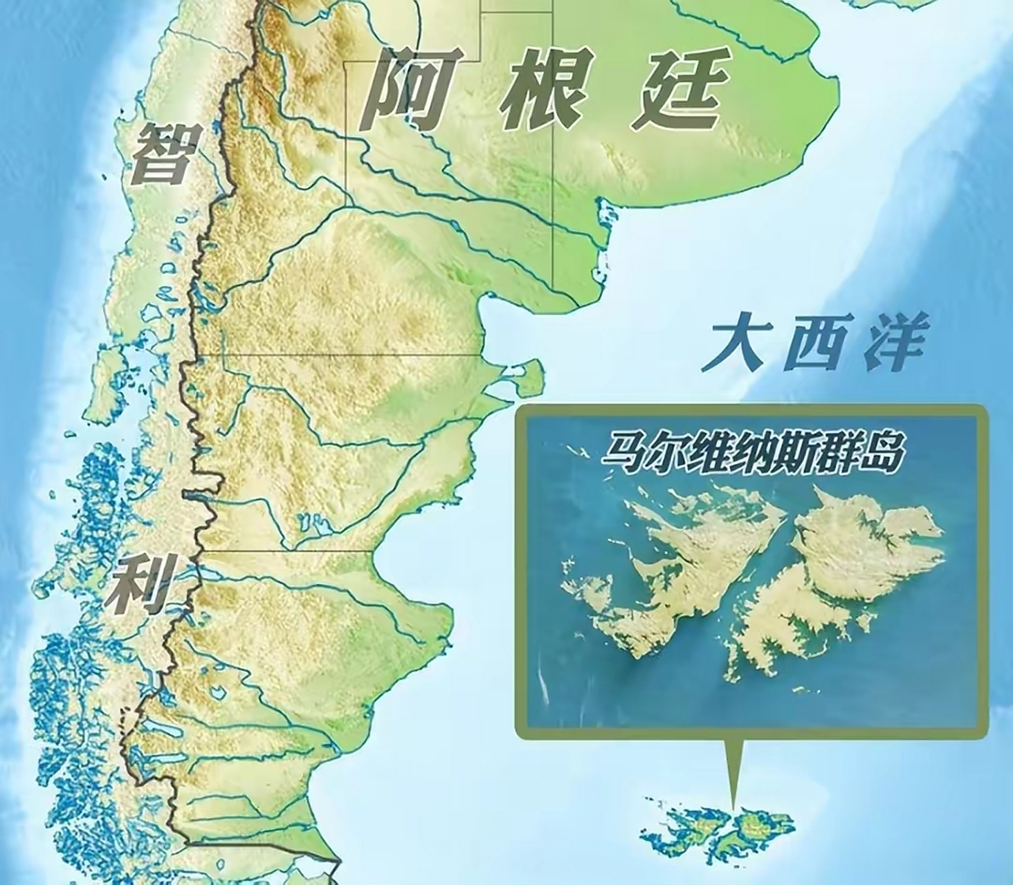 马尔维纳斯群岛(福兰克群岛)地理位置示意图及地形图