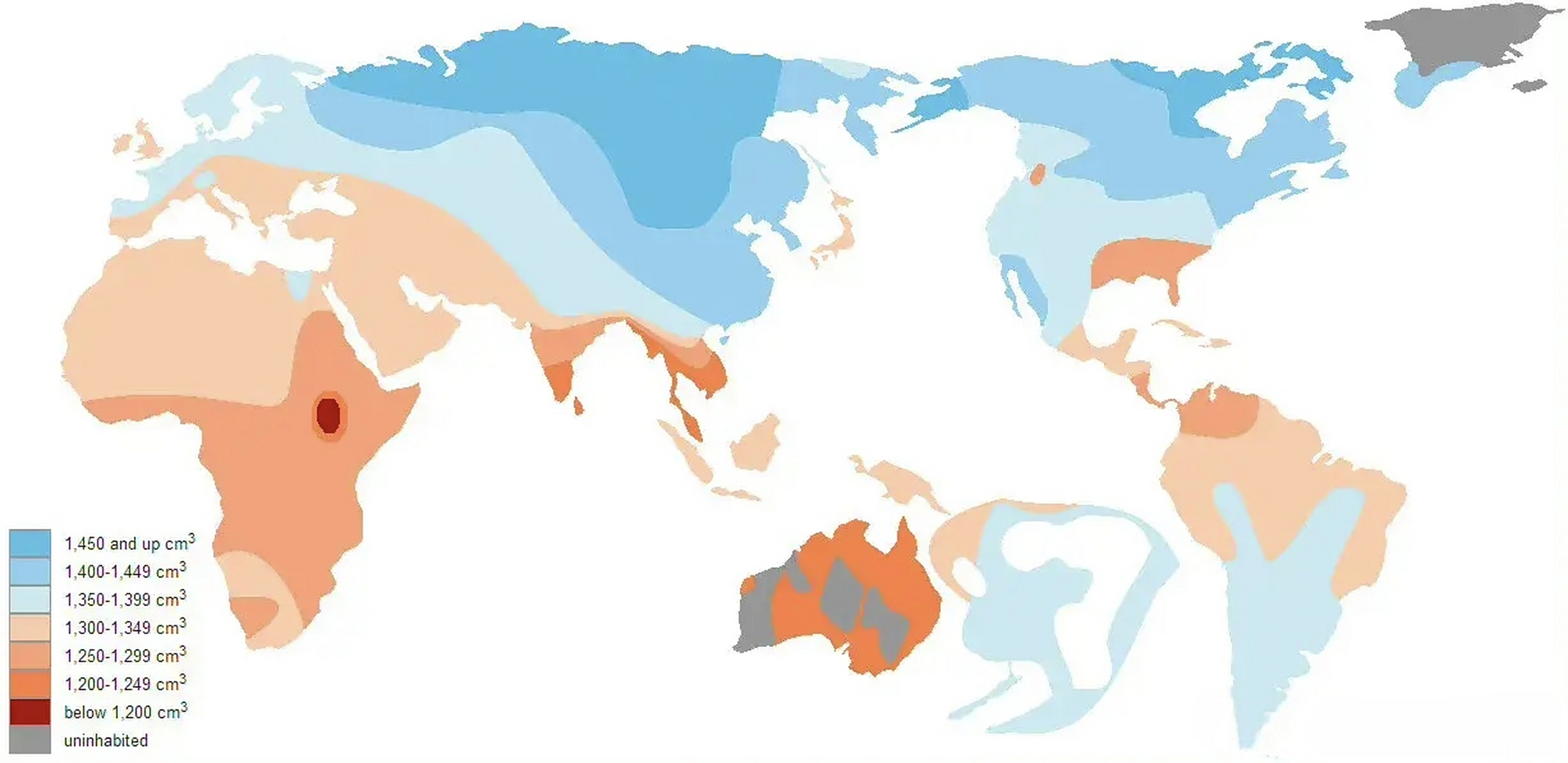 世界脑容量地图示意图 图中展现的是世界各地脑容量的大小比较(仅供