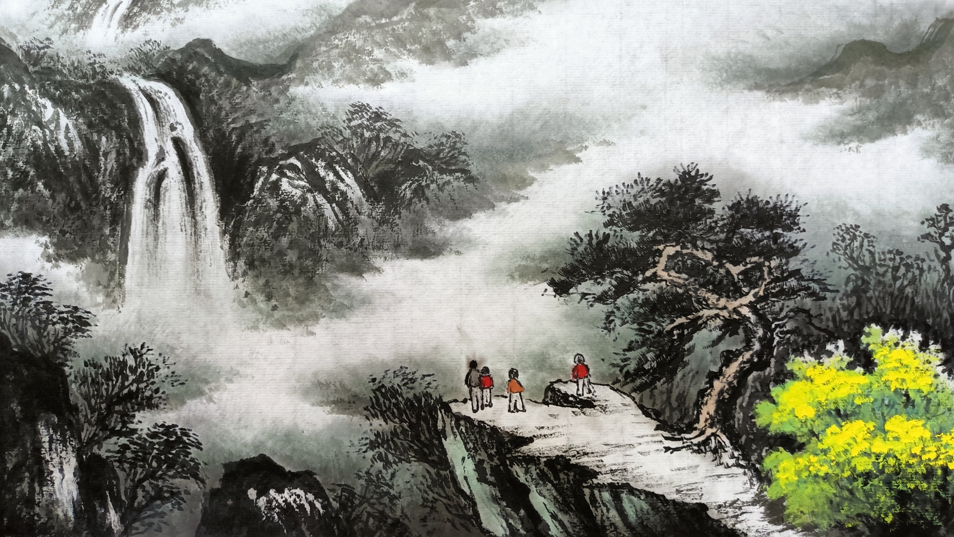 画中游客们驻足观赏,我也仿佛成为了他们中的一员