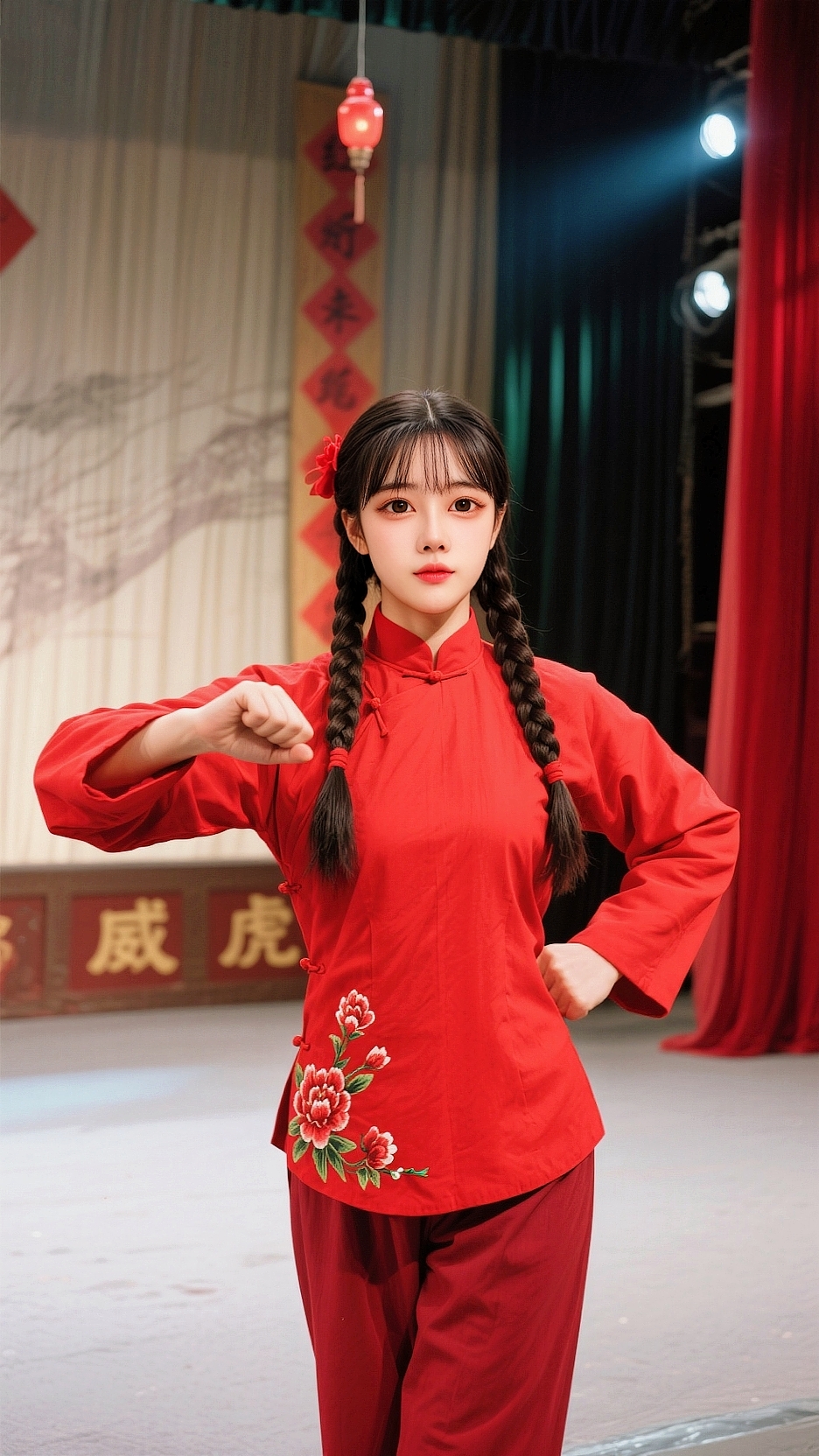 够味,经典红头绳,麻花辫