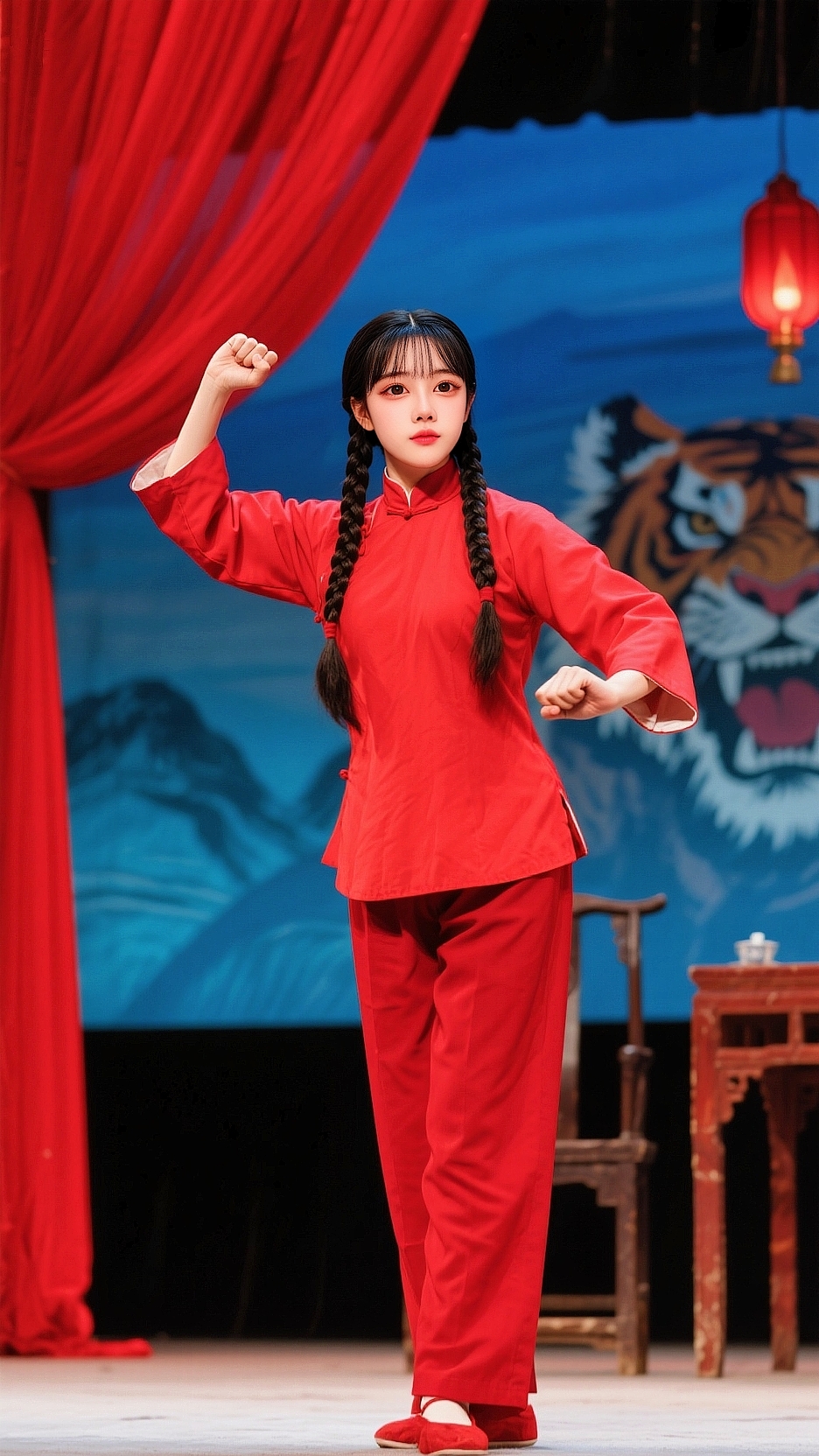 够味,经典红头绳,麻花辫