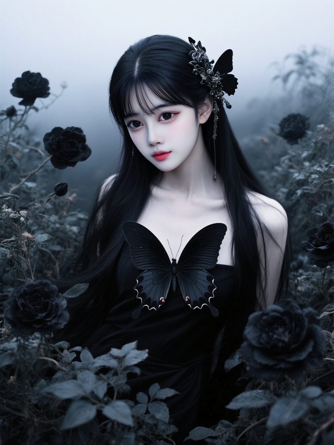 物推荐# 在黑玫瑰花海中的神秘少女,蝴蝶轻舞于胸前,暗黑系女头像壁纸