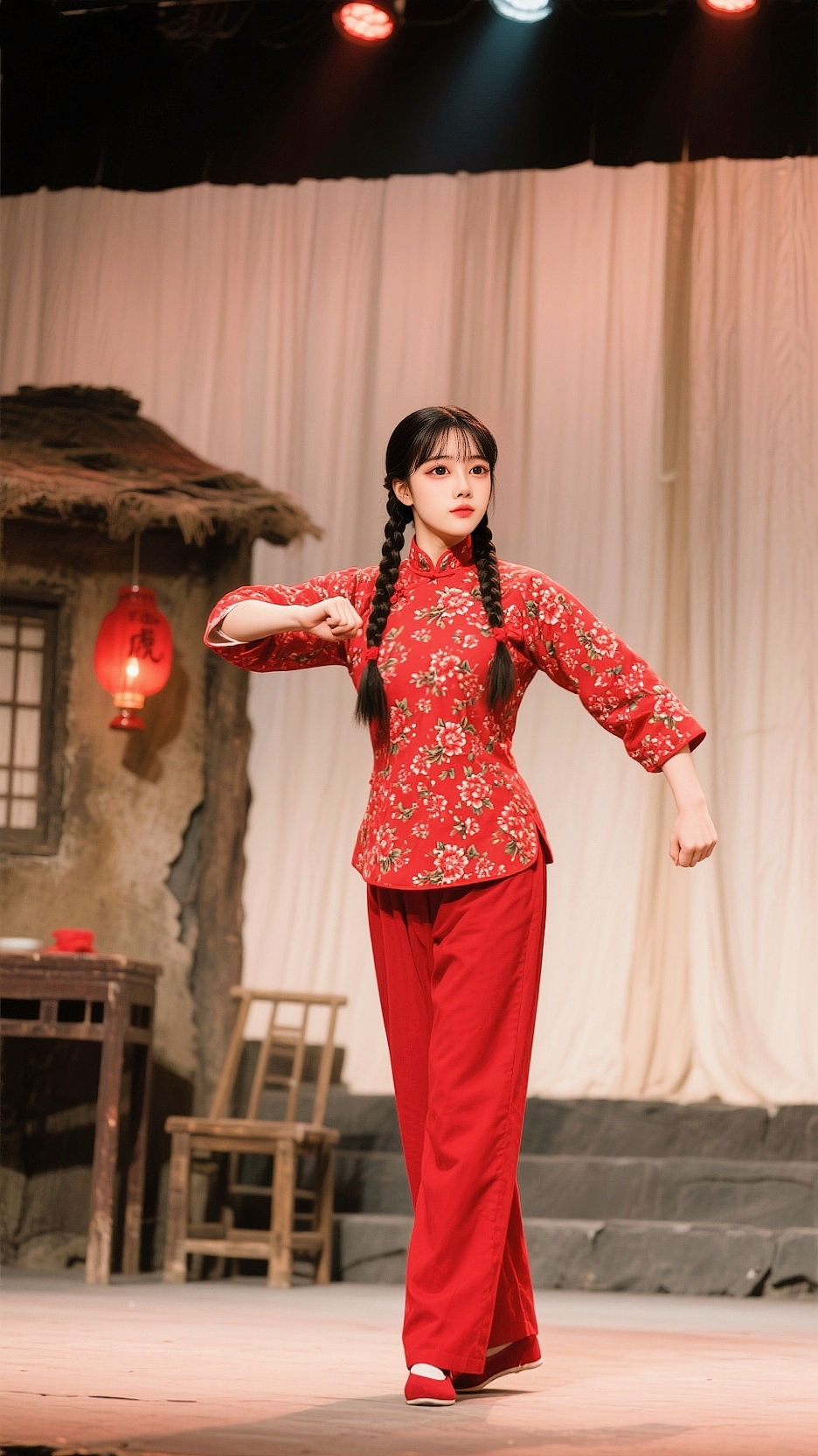 够味,经典红头绳,麻花辫