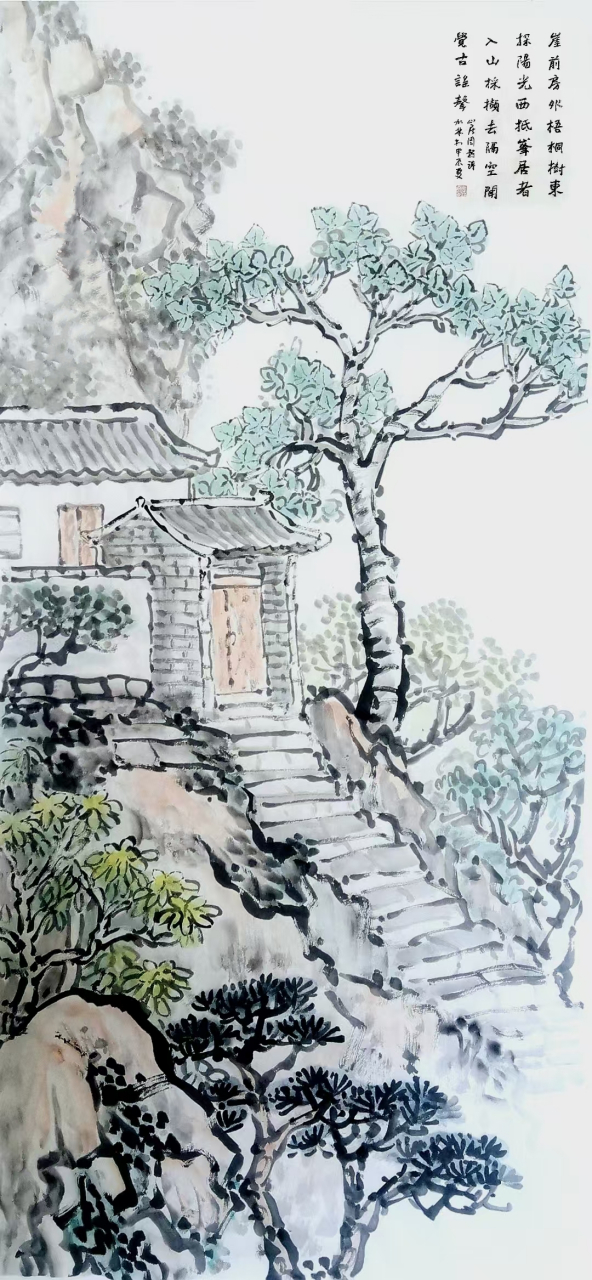 幽居图 崖前房外梧桐树, 东探阳光西抵峰; 居者入山採撷去, 隔空闻觉