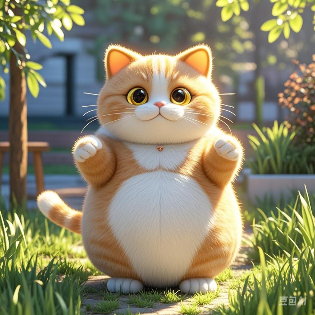 夏日炎炎,一只慵懒的猫咪在草地上伸懒腰,享受着美味时刻