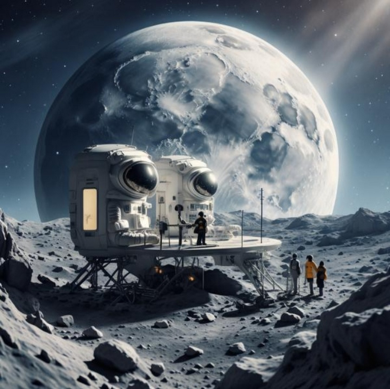 人形机器人月球漫步,研究基地建在月亮之上,人类登月在月球居住.