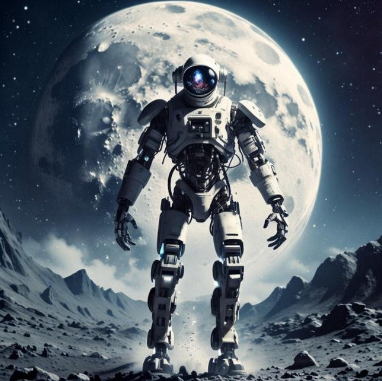 人形机器人月球漫步,研究基地建在月亮之上,人类登月在月球居住.