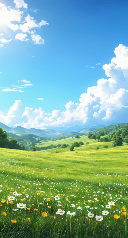 一片绿油油的草地上点缀着各种各样无名小花,远处群山延绵,瓦蓝色的