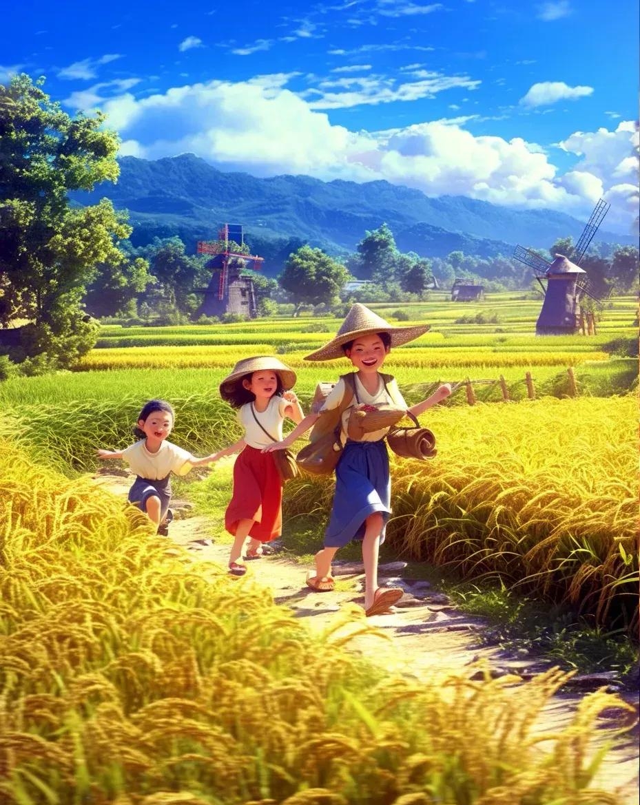 孩子们快乐的奔跑在希望的田野上,金黄色的稻田随风摇曳,一群天真无邪