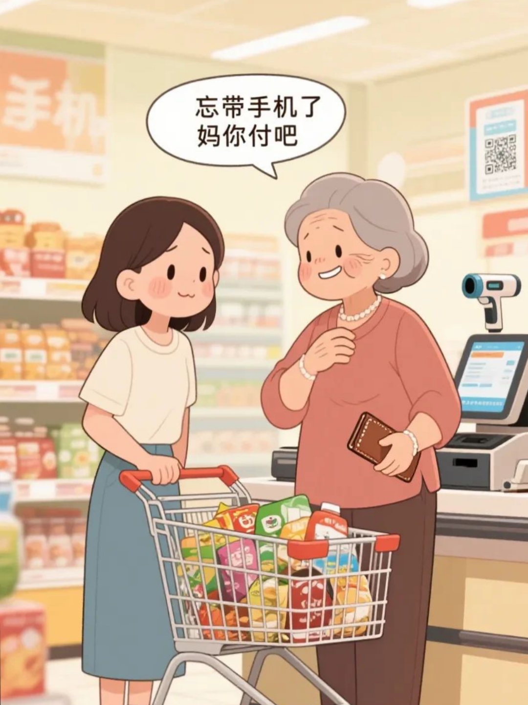 我妈和我嫂子一起去超市买东西一到付账的时候我嫂子就是忘带手机了