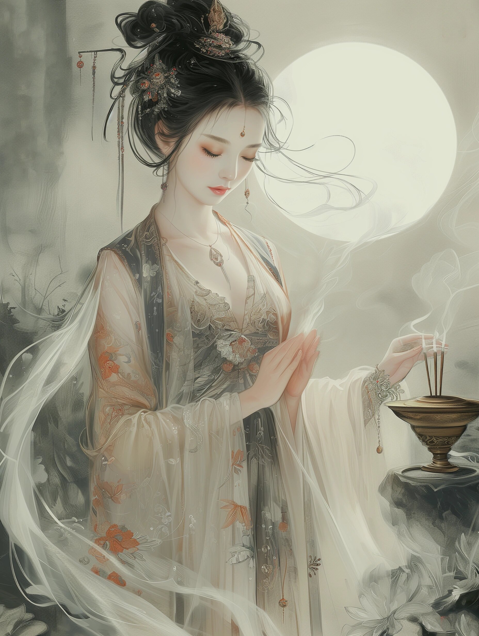 貂蝉拜月:貂蝉是中国古代四大美女之一,也是其中仅有的一位无史料记载