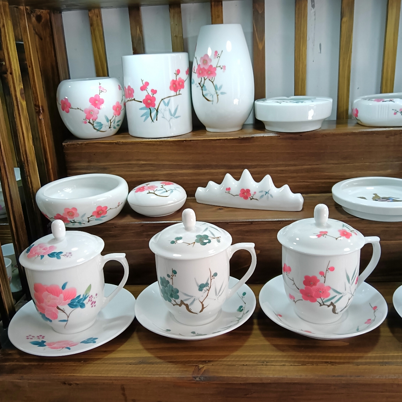 毛瓷仿7501系列经典老款翠竹红梅水点桃花芙蓉花,景德镇高温高白本地