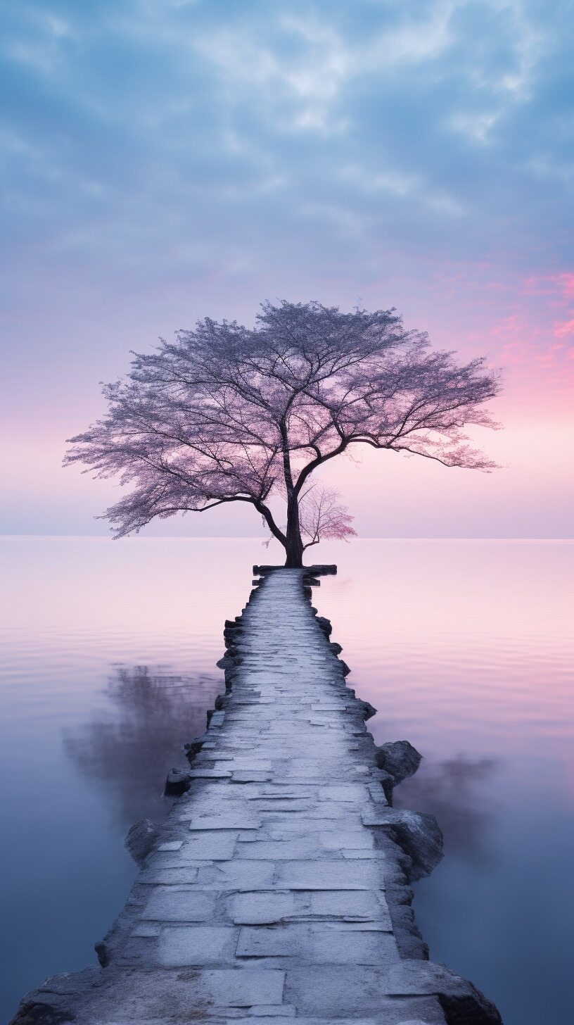 【孤独的树,寂静的夕阳,倒影在微波荡漾的水面,如诗如画.