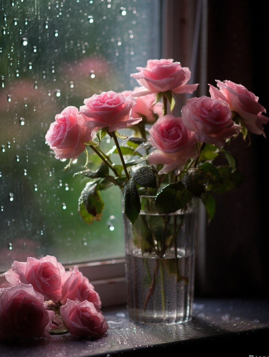 "95粉红玫瑰与窗前清露91 窗外的世界总是令人向往,但窗内的浪漫