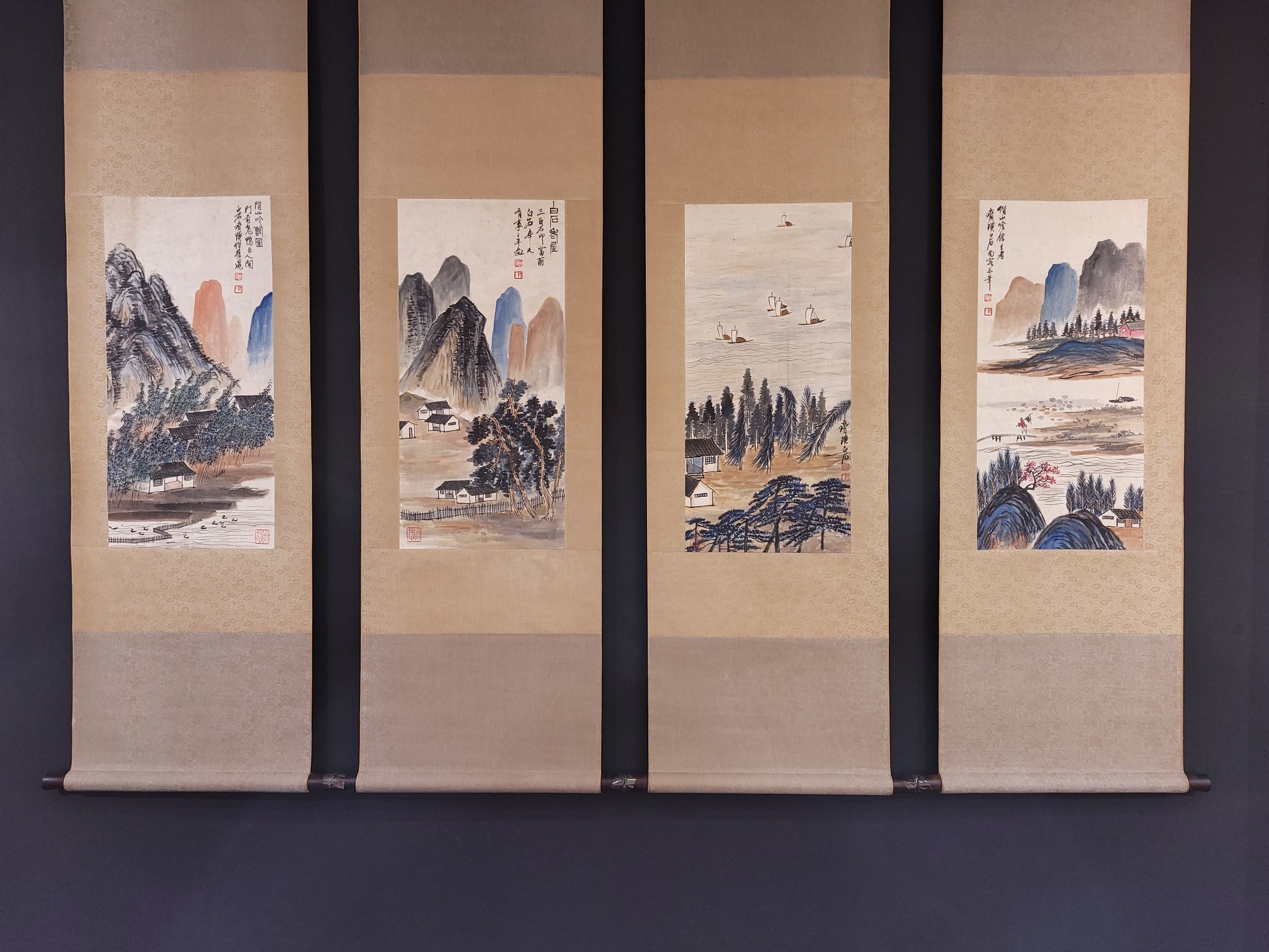 a  齐白石  精品纸本山水四条屏  单屏尺寸31.5x66.6cm