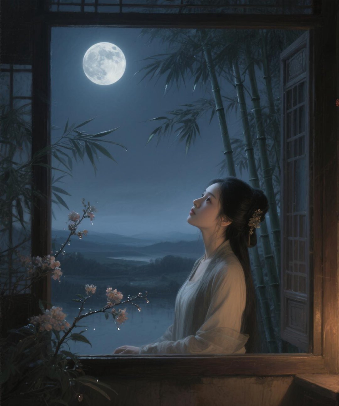 风摇竹影惊残梦,露湿花枝惹断肠. 别后音书千里隔,愁来岁月几秋凉