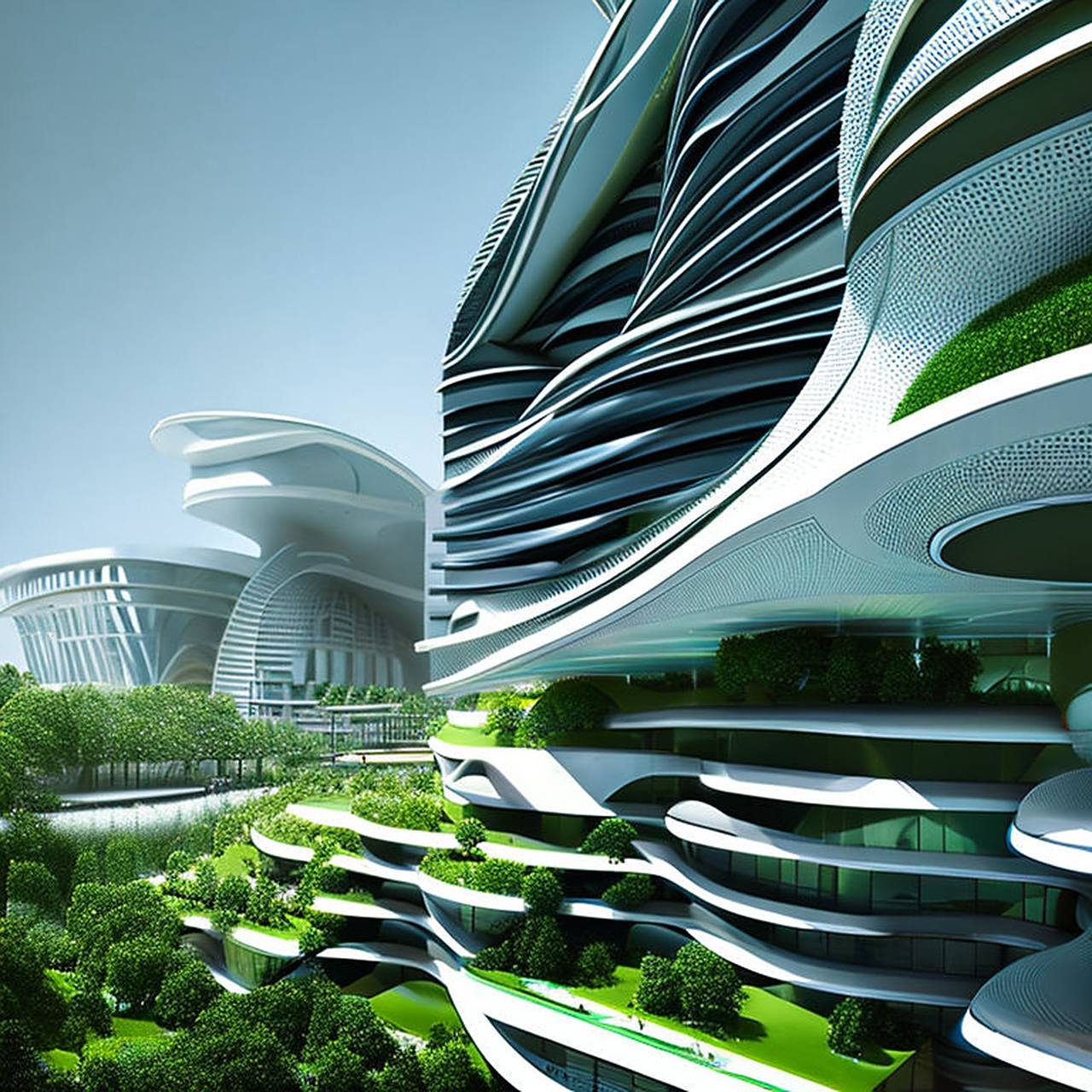 ai绘画《翠色科技城》 在未来的科技之城,植物演化出了世界最为惊人的