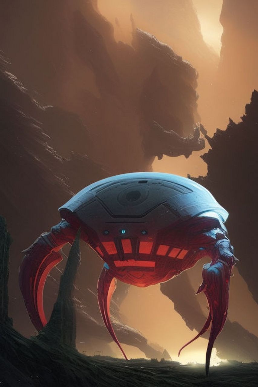 ai绘画作品《机械乌贼》 在深不见底的海底世界里,一只巨大的机械乌贼