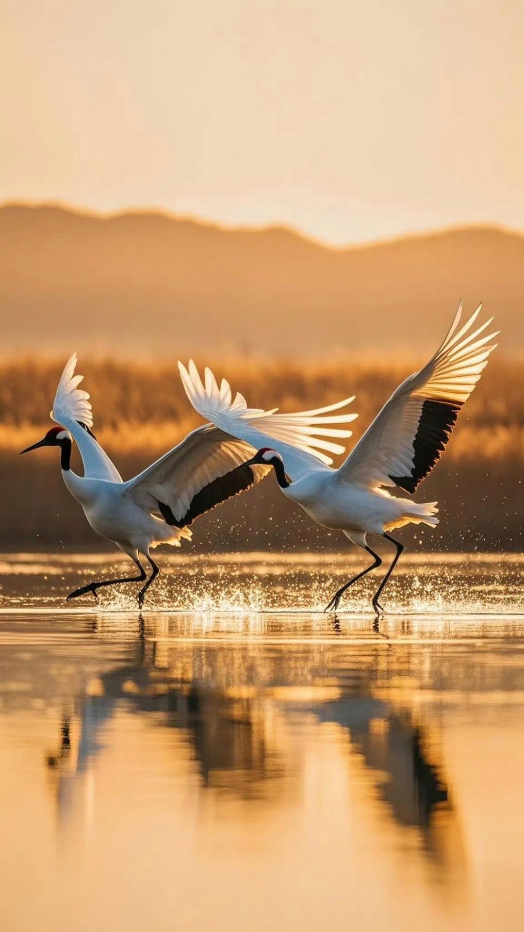 捕捉到两只优雅的白鹤在日落余晖中展翅飞翔的瞬间,画面宁静而美好