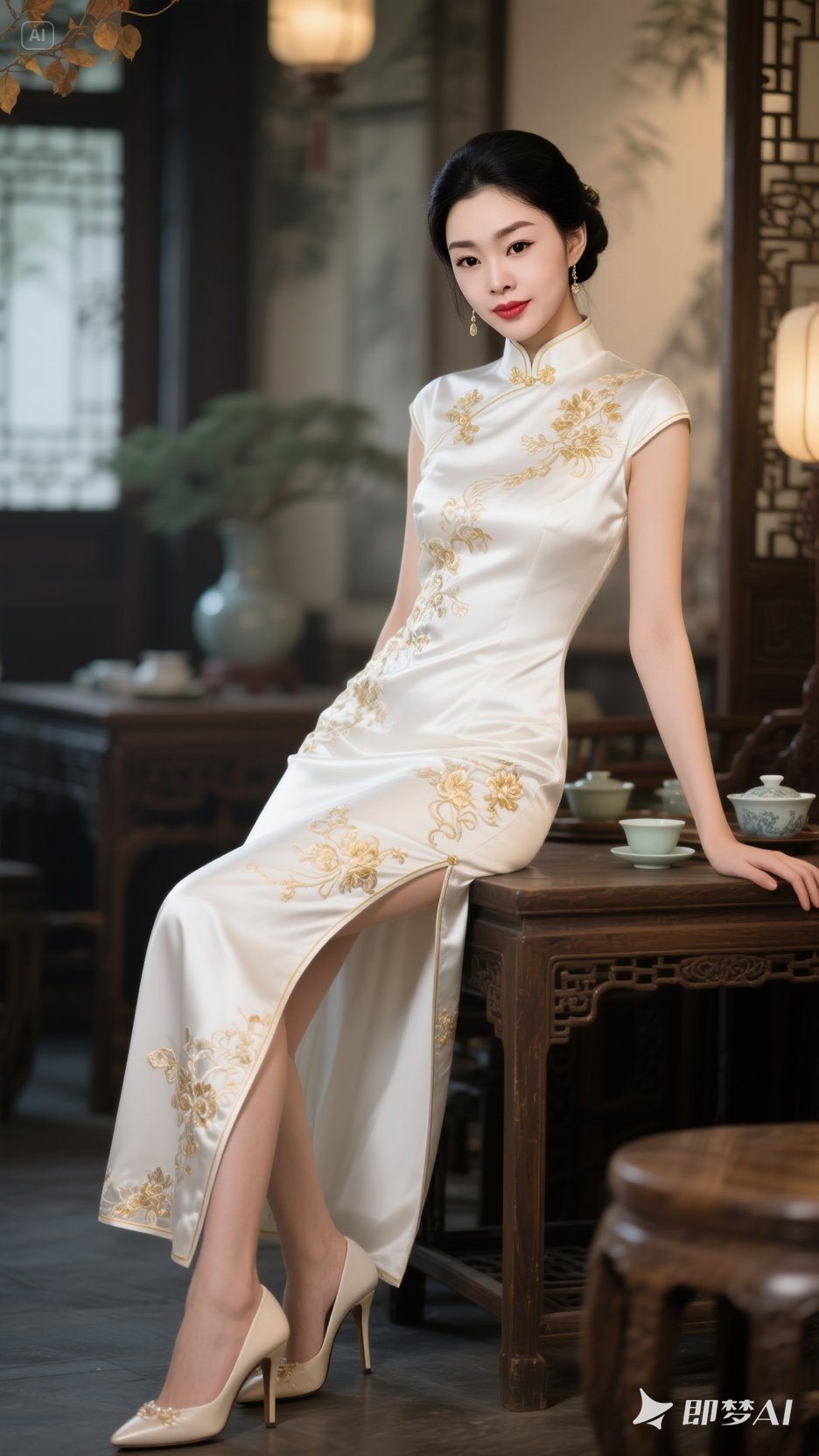 宋轶身穿古典旗袍,优雅地倚靠在木桌旁,仿佛从画中走出的民国女子