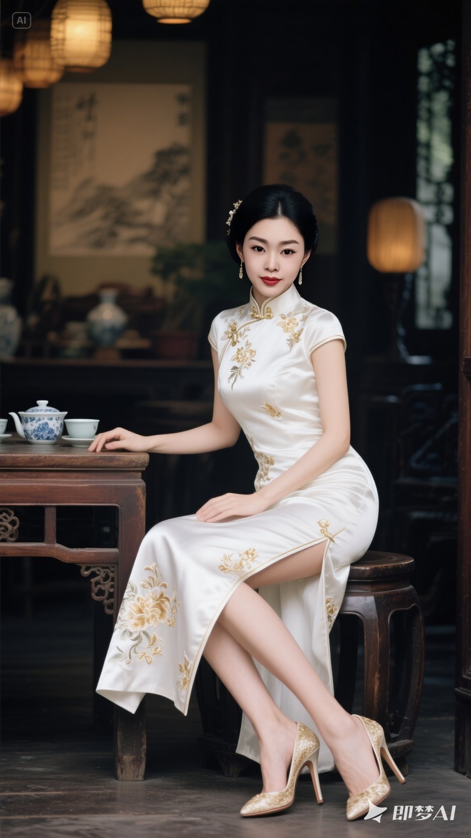 宋轶身穿古典旗袍,优雅地倚靠在木桌旁,仿佛从画中走出的民国女子