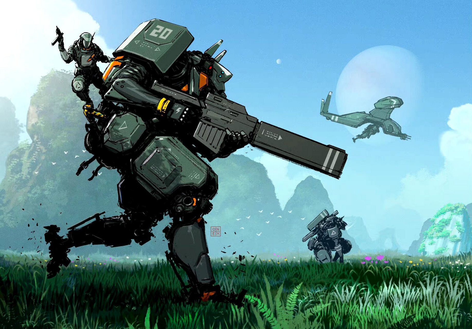 richard feliz绘制的一组机甲插画作品,展现了机甲整备和战斗的场景