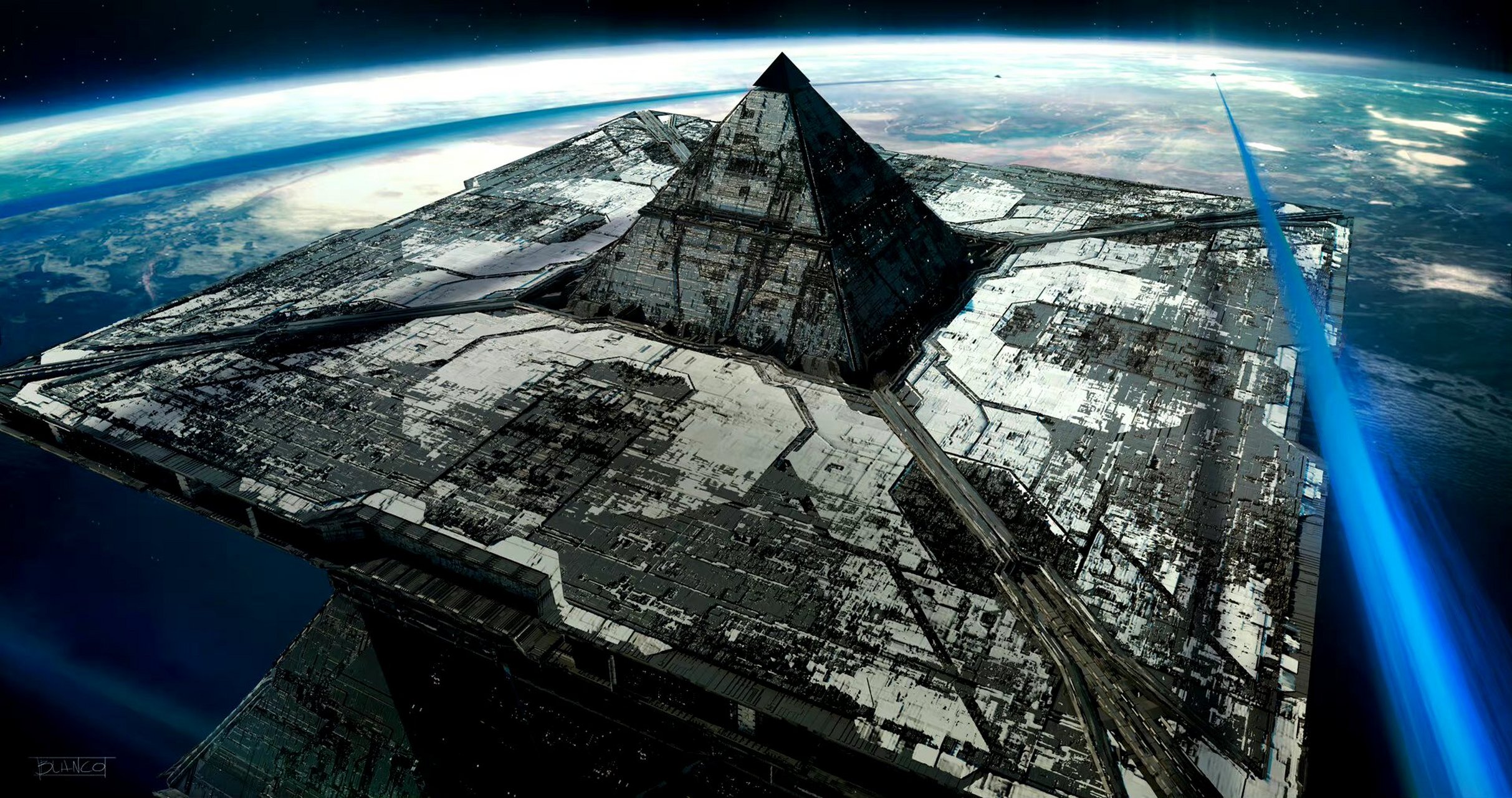 画师pedro blanco科幻插画欣赏,从天而降的太空战舰.