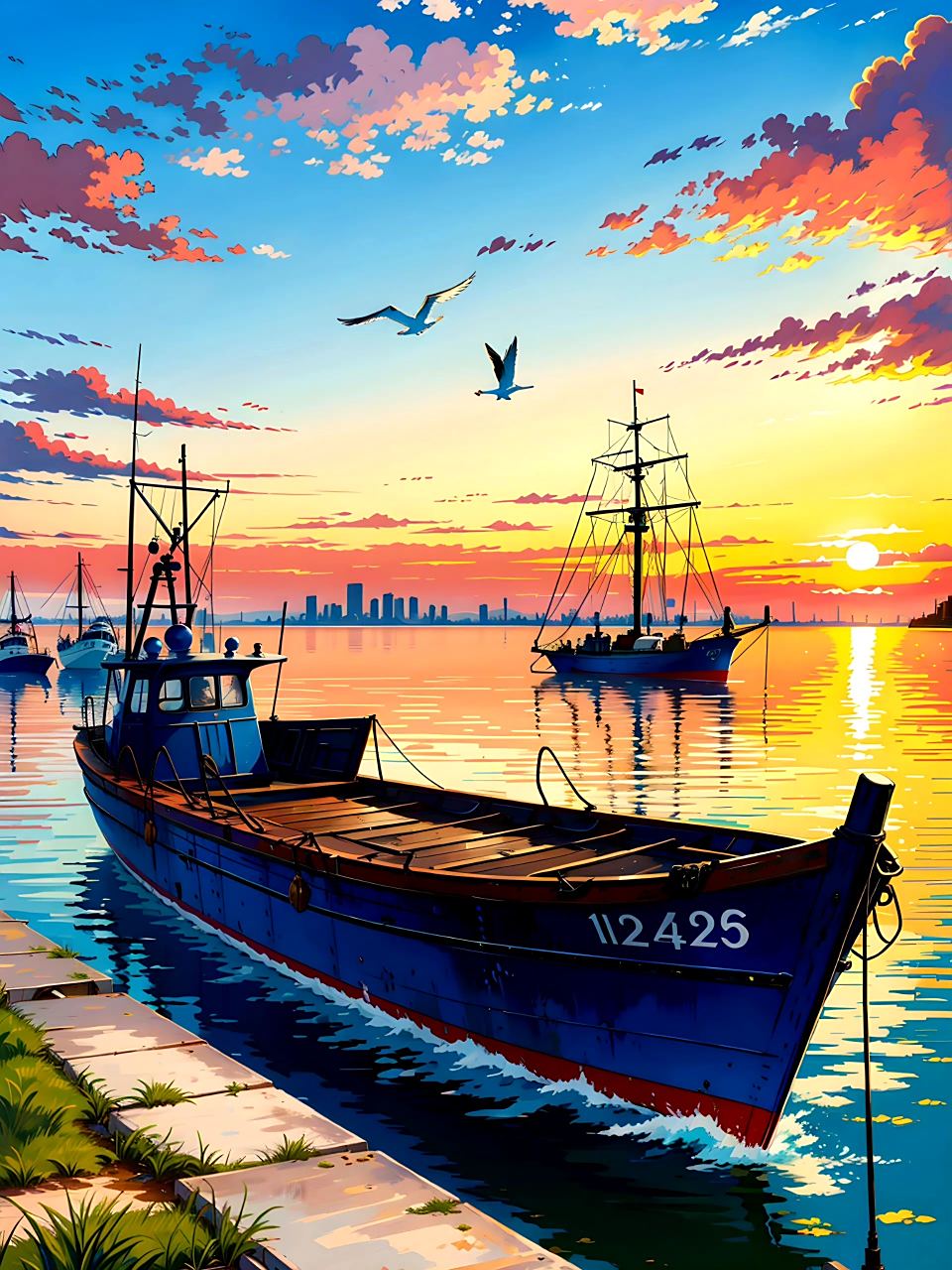 一组ai生成的风景插画作品,夕阳下的港口,海天一色,by midjourney.