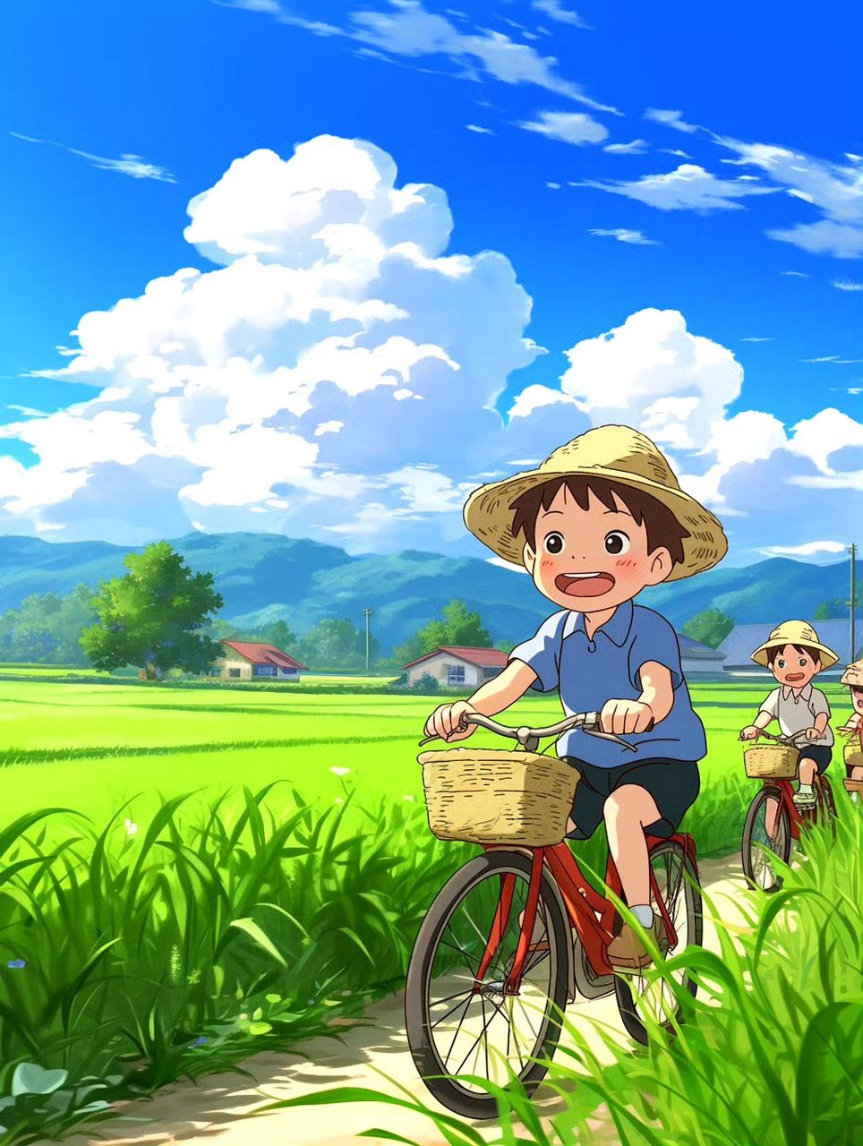 分享一组田园风光插画作品,描绘了在田野里骑行的孩童,展现了快乐的