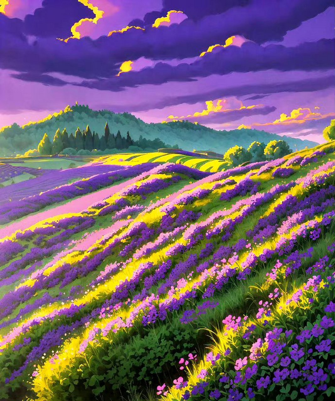 一组ai生成的风景作品,梦幻般的紫色花海