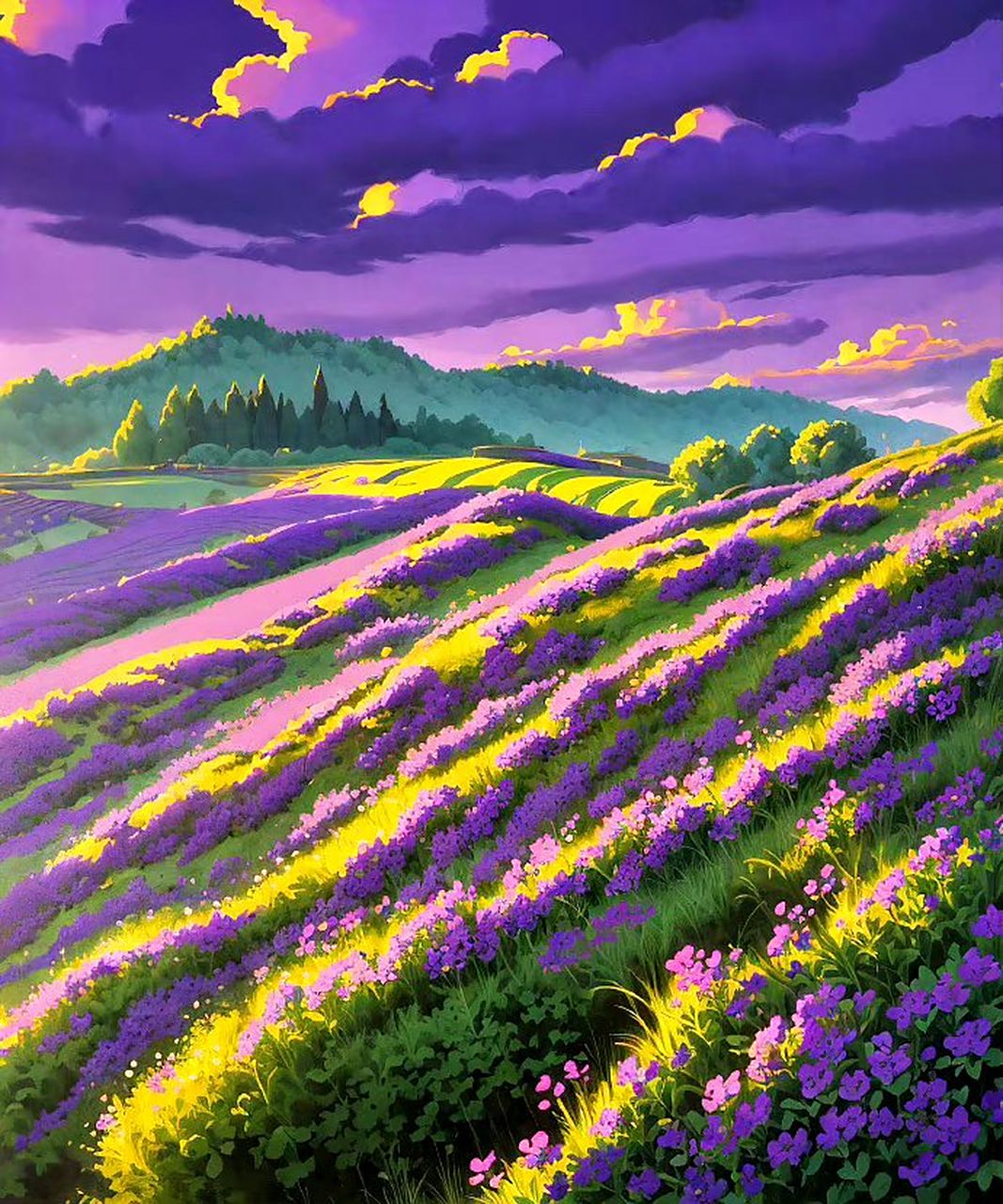 一组ai生成的风景作品,梦幻般的紫色花海.#动漫# #插画# #二次元