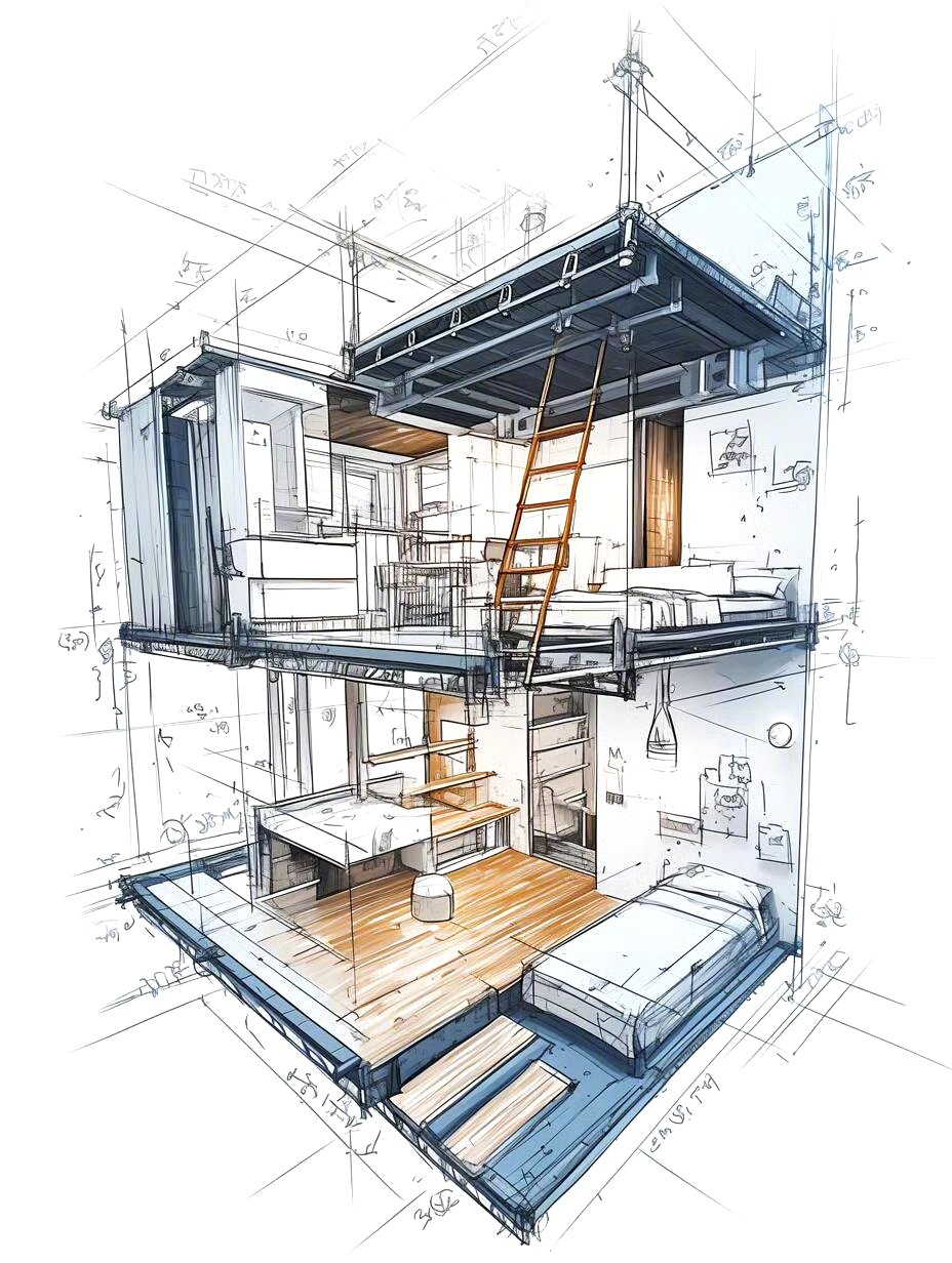 分享一组ai生成的室内空间设计插画作品,展现了室内建筑的结构以及对