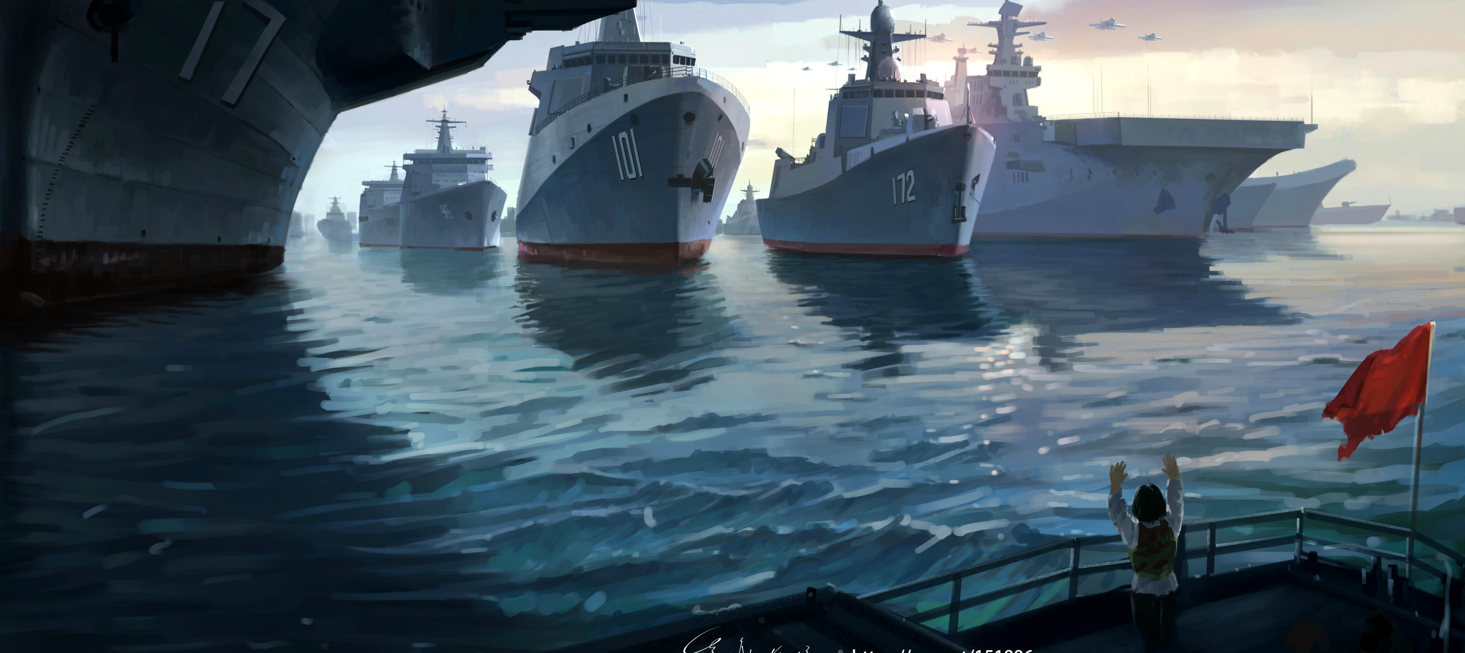 画师手绘狼群创作的一组军事题材插画作品,展现了我们日益强大的海上