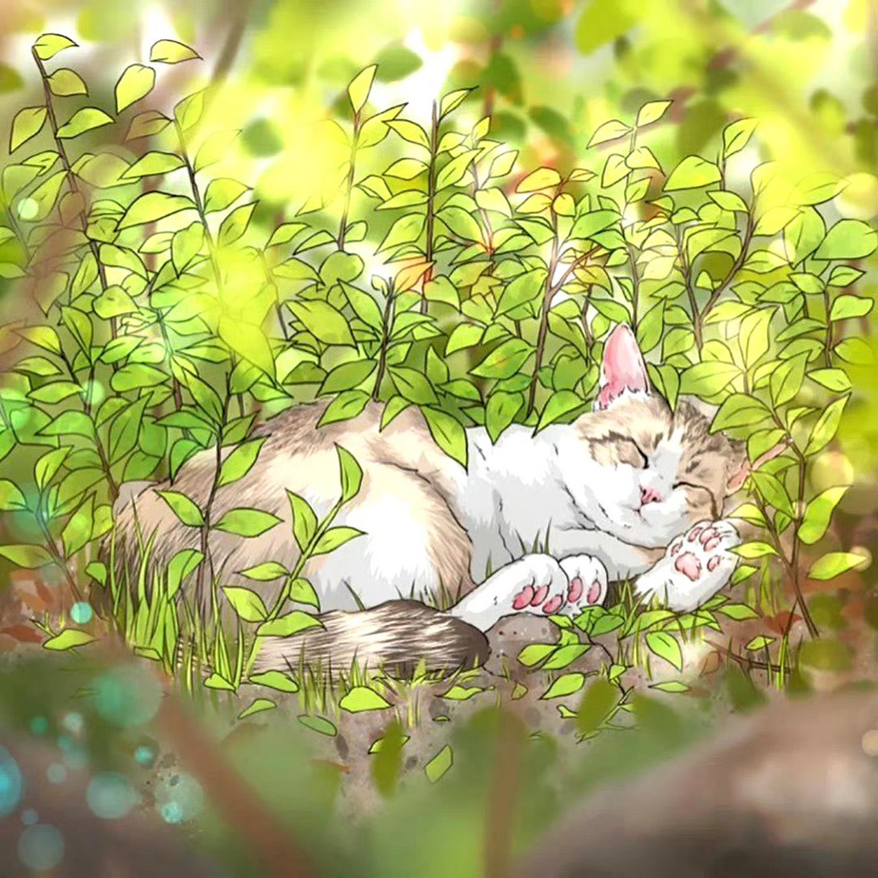 画师是sooyeonjae绘画作品欣赏,描绘了春天美景中的各种猫咪,愿寒冬