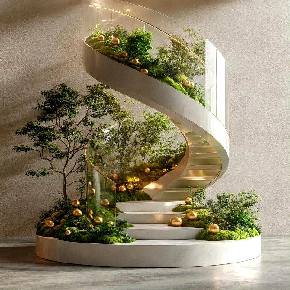 将蜿蜒的楼梯与绿色植被结合,形成了有机的景观