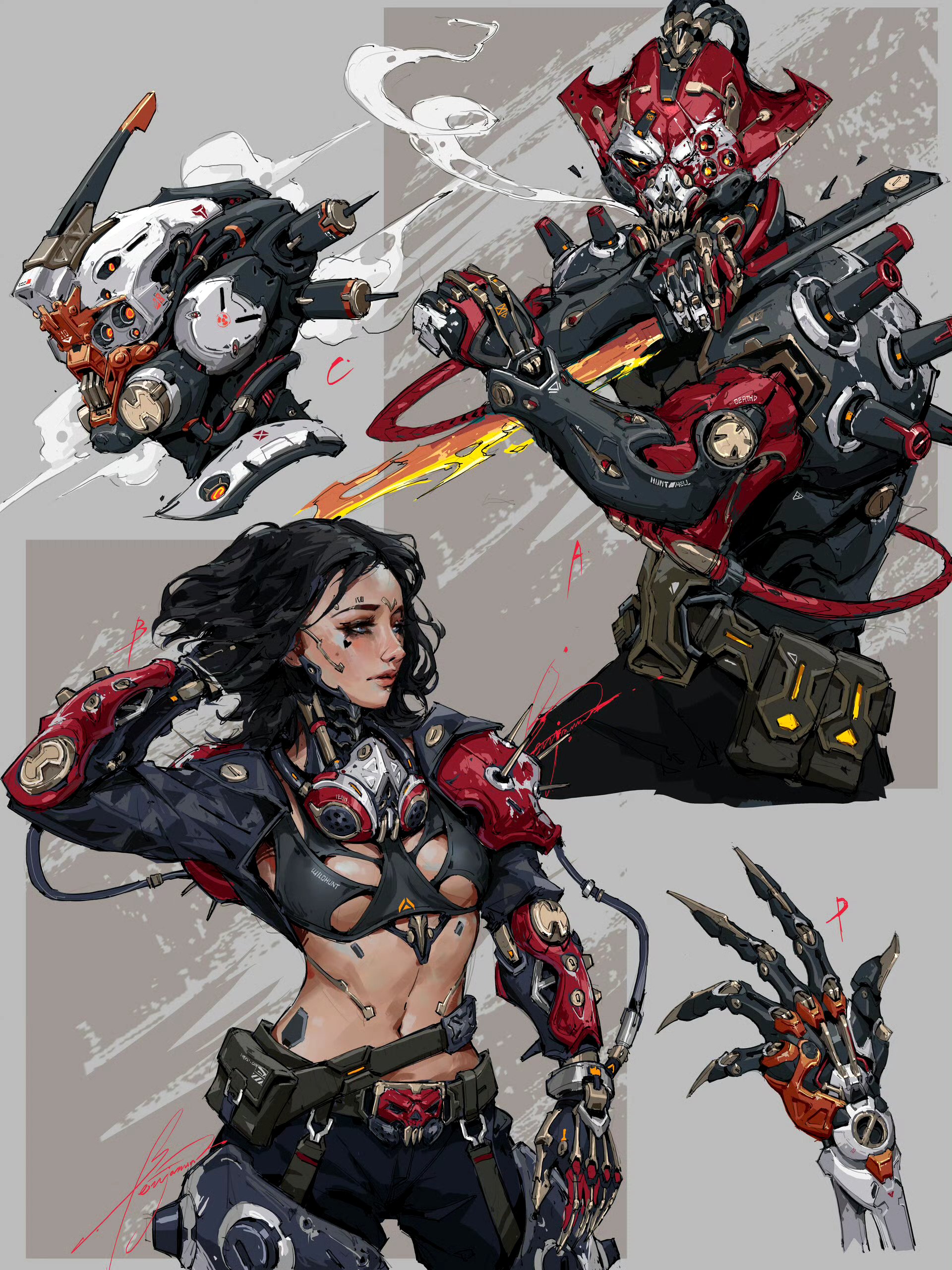 画师wenmo zhang绘制的一组赛博朋克机甲插画作品,展现了人物的战斗服