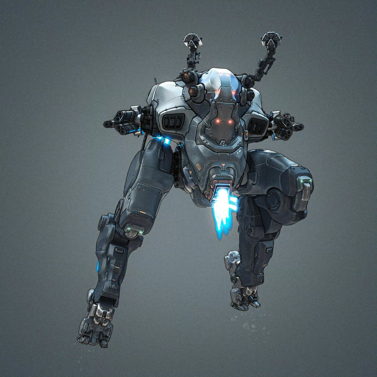 一组机甲设计作品欣赏,这款机甲采用双足行走,装备多种武器,躯干与