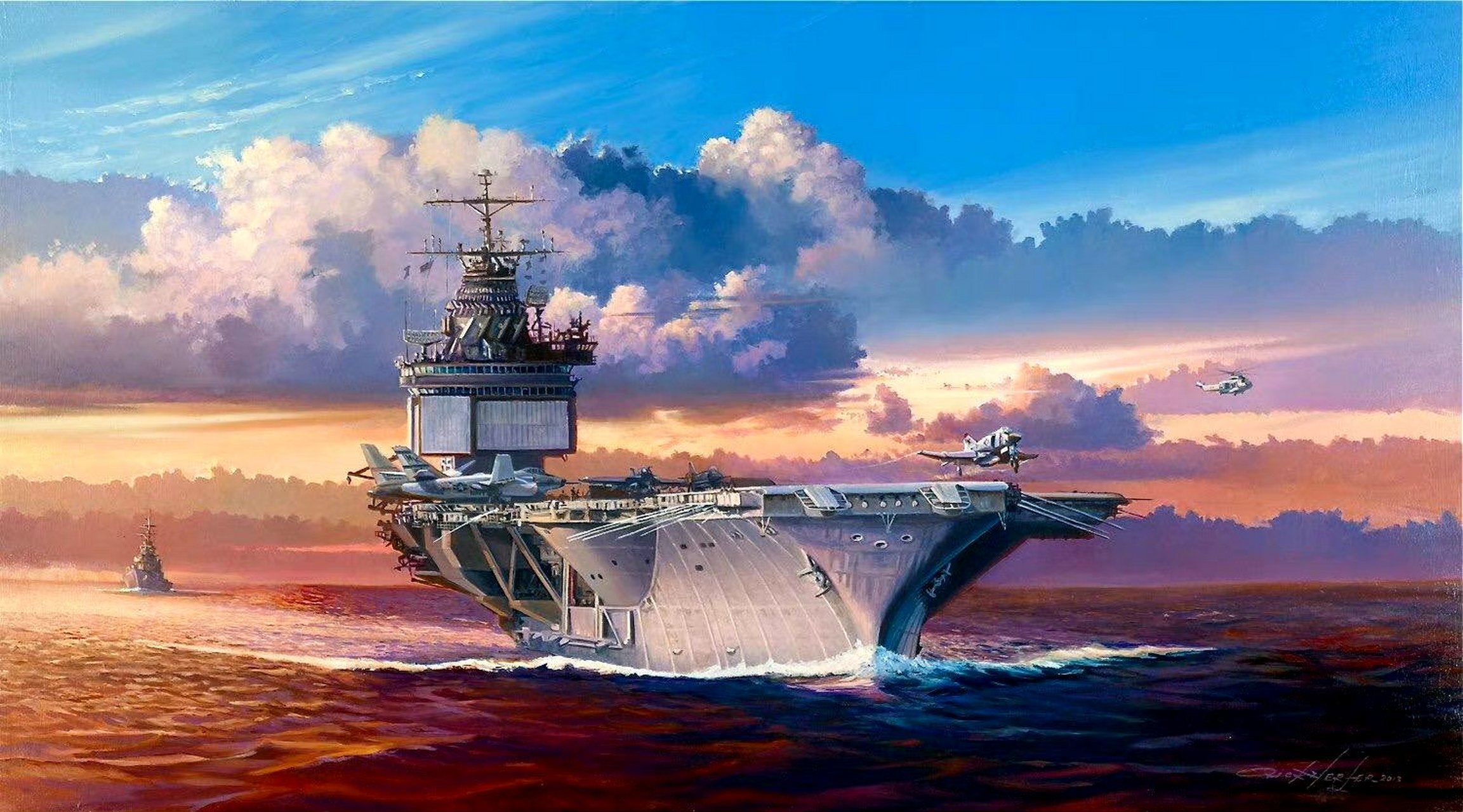 一组战争题材插画,晚霞之中的航空母舰