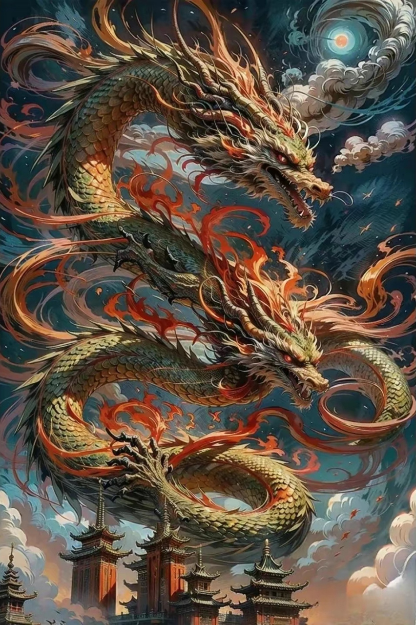 ai生成的一组东方神龙插画作品,龙腾四海,一跃千里,by midjourney.