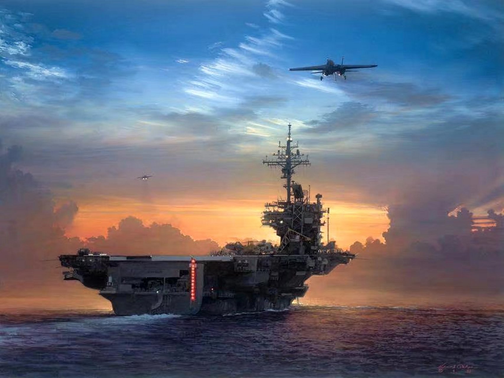一组战争题材插画,晚霞之中的航空母舰.#动漫# #插画# #航母