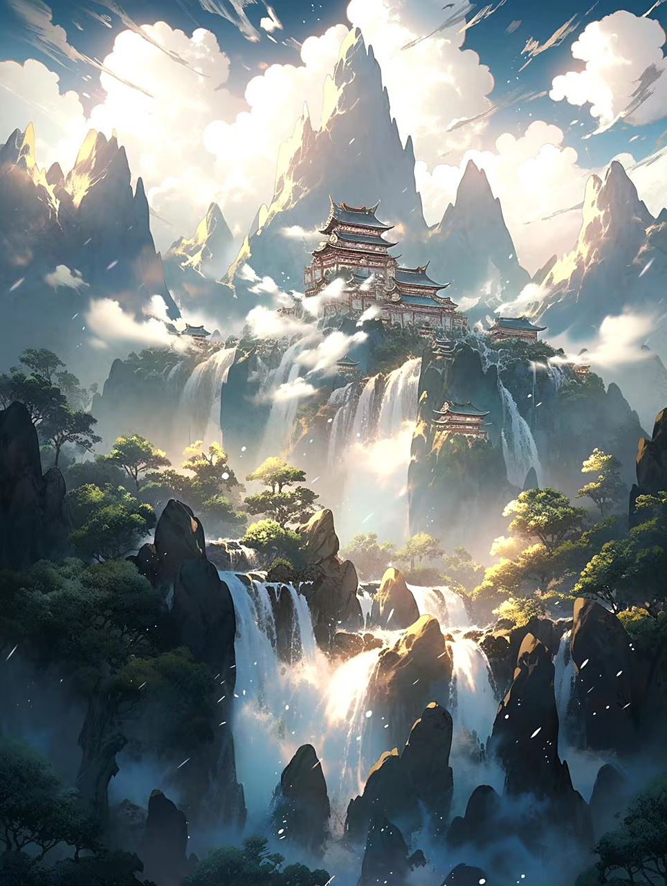 一组ai生成的奇幻风景插画作品,主题为山海经-堂庭山 676767,by